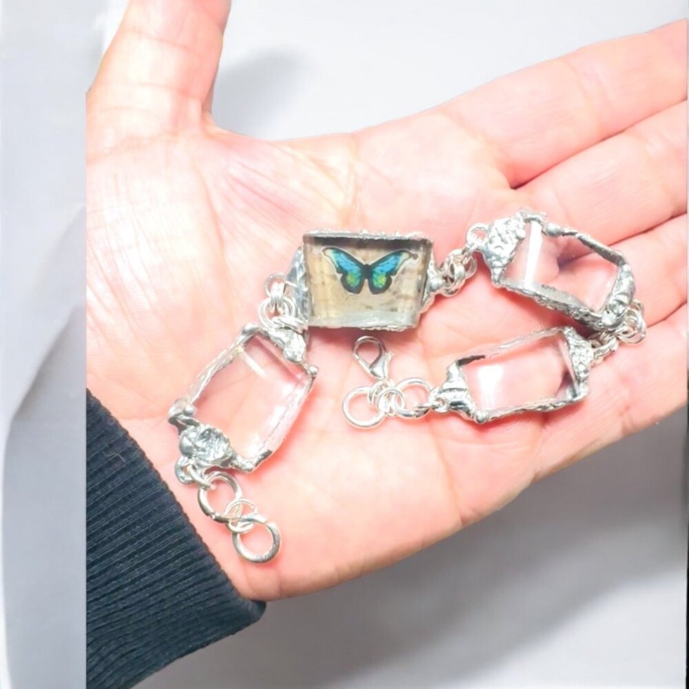 Vintage Anchor Hocking Lead Crystal Glass Bracelet w Artisan Silver Blend Bezels - Picture 3 of 16